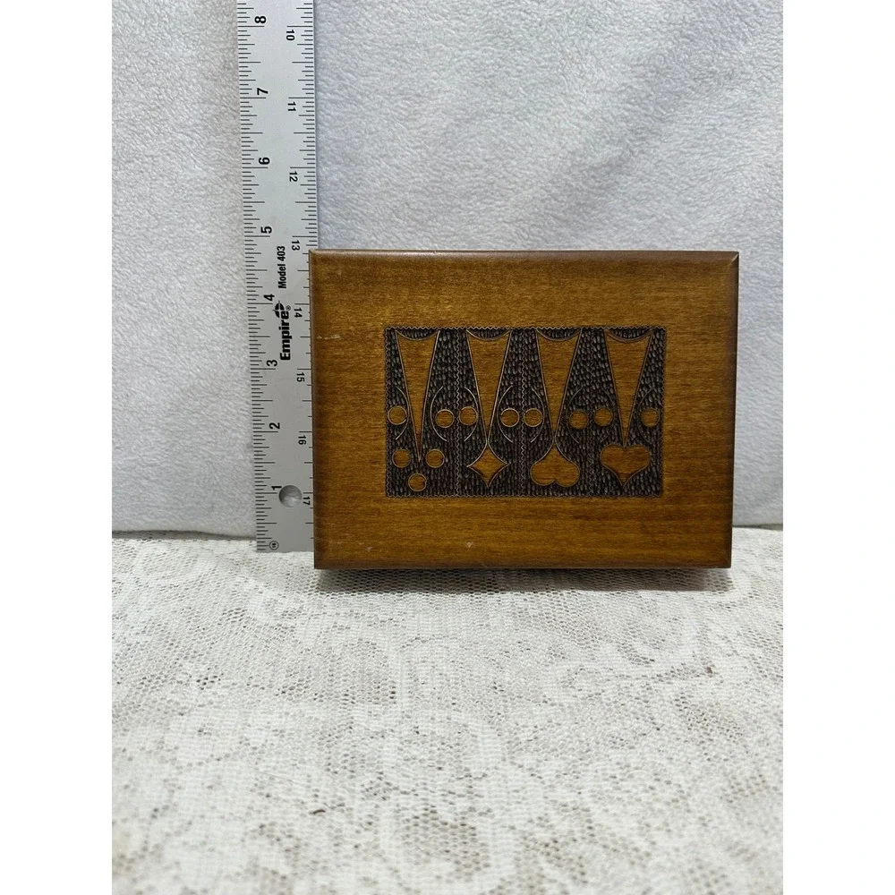 Vintage Wooden Keepsake Box Carved Playing Card Suits Organizer Hinged‎ Lid